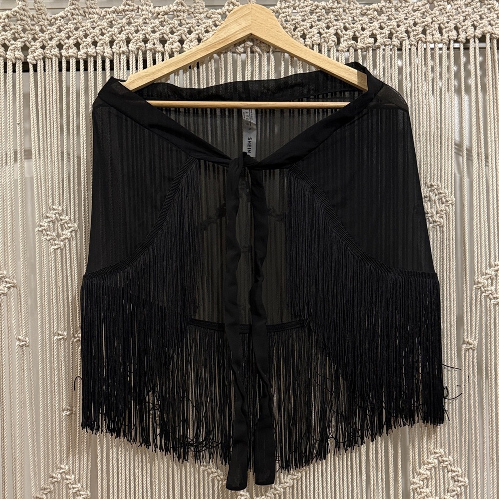 Shein Black Fringe Side Slit Tie Skirt